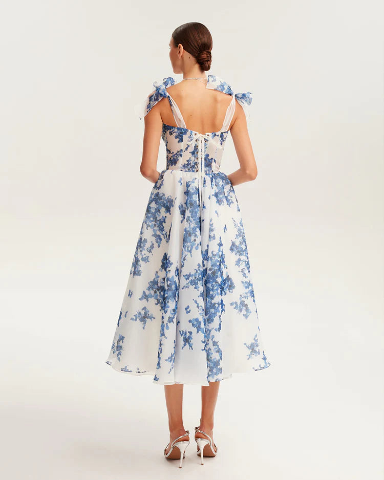 Blue hydrangea patterned organza midi dress