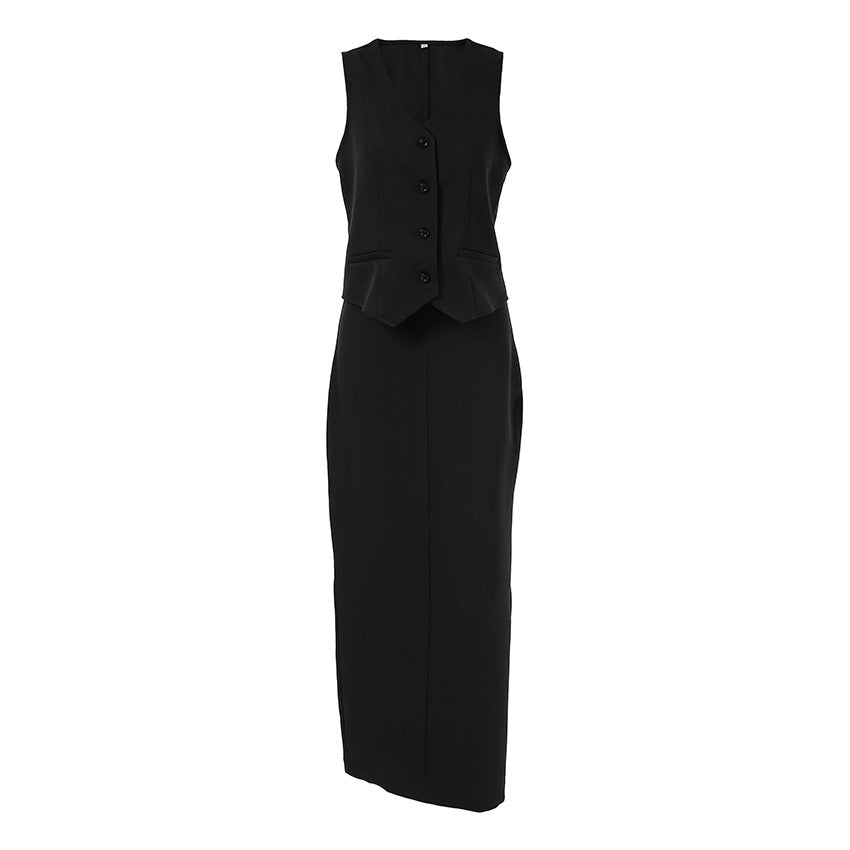 Sleeveless Vest With Long Skirt Set In Black