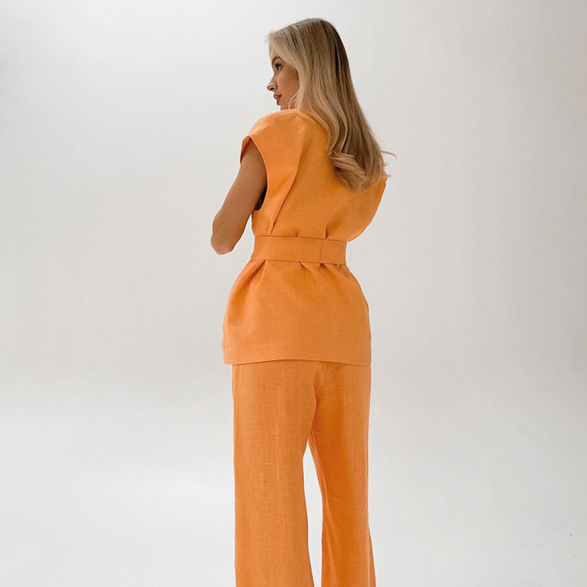 Sleeveless Lace-up Shirt With Pants Set In Orange