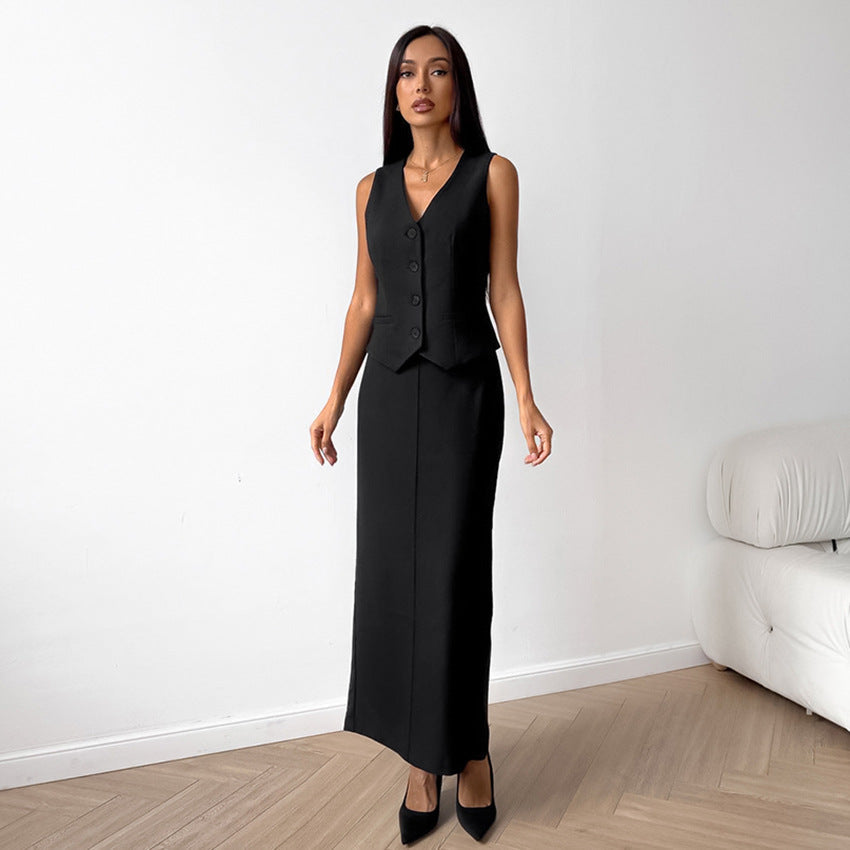 Sleeveless Vest With Long Skirt Set In Black