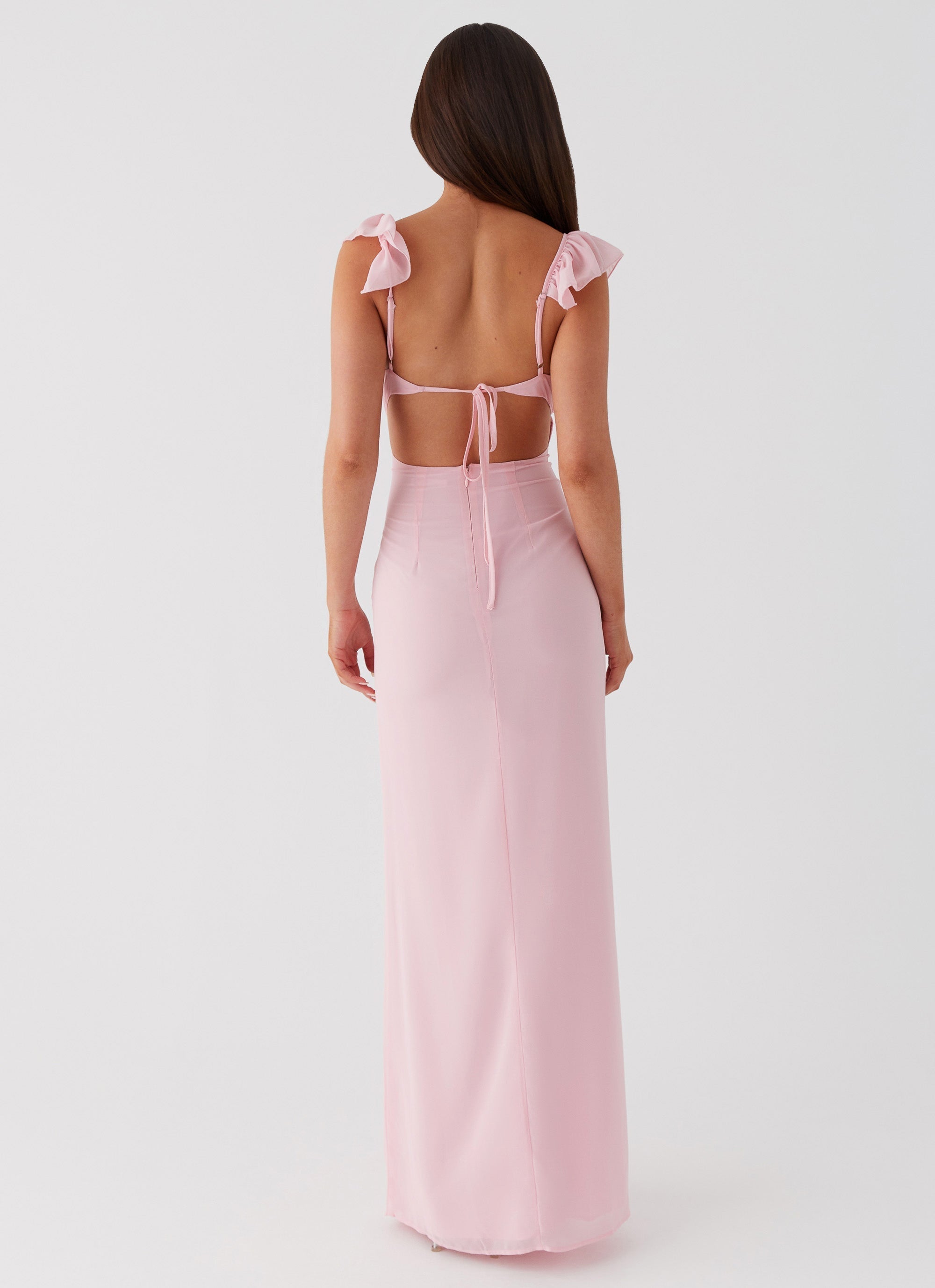 Pink Maxi Dress With Ruffles At The Neckline