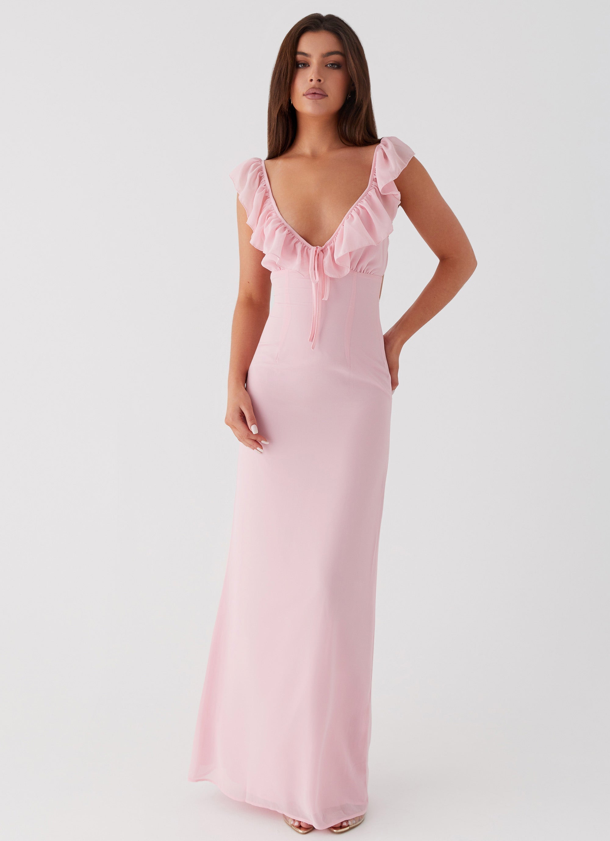 Pink Maxi Dress With Ruffles At The Neckline