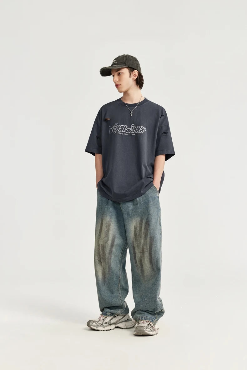 Ripped and Holes Embroidered Oversize T-shirt