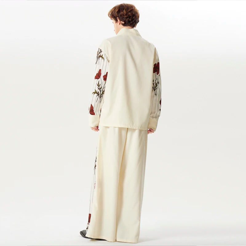 Flower Printing Loose Long Sleeve Shirt & Wide Leg Pants