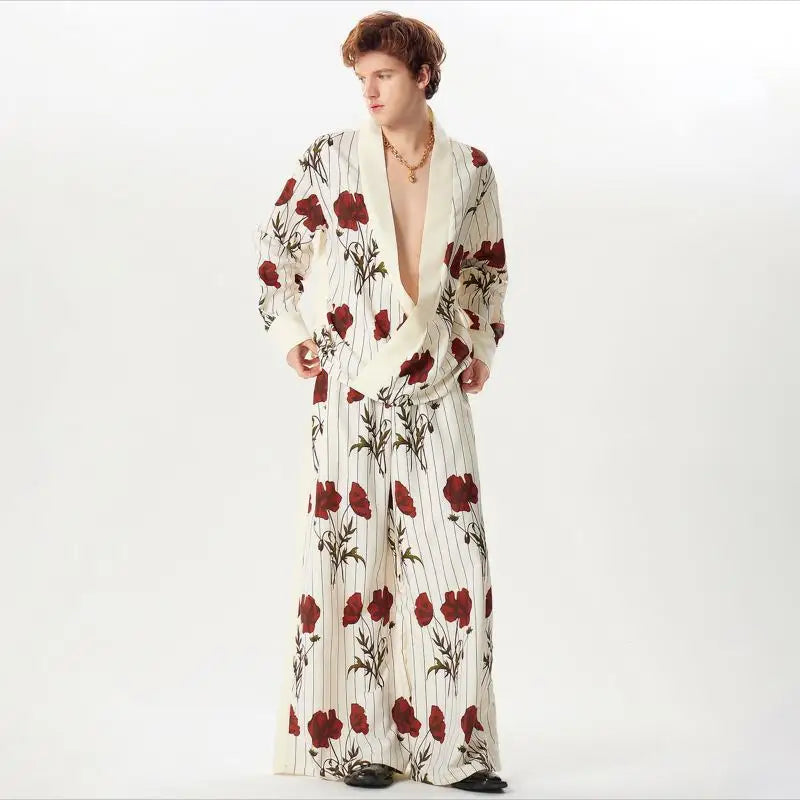 Flower Printing Loose Long Sleeve Shirt & Wide Leg Pants