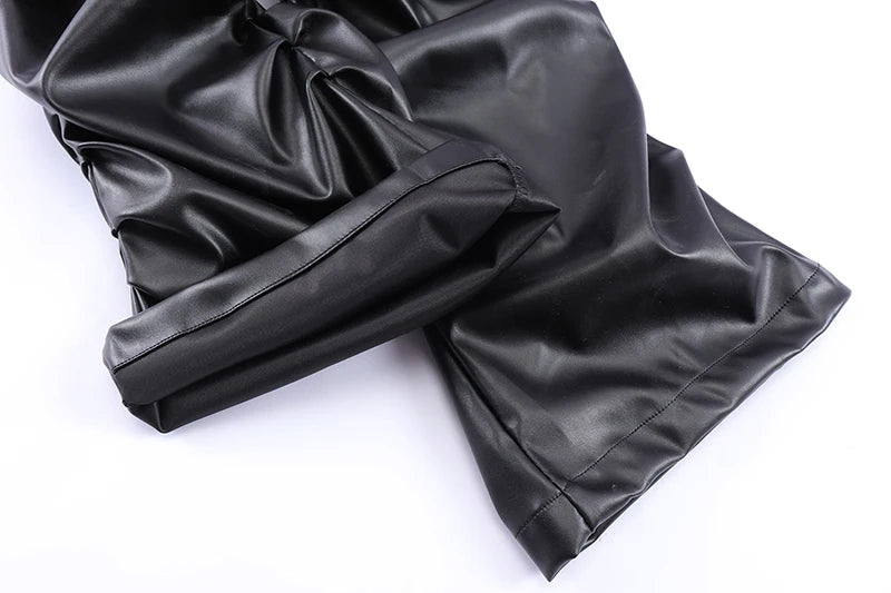 Pleated Pu Leather Loose Black Pants