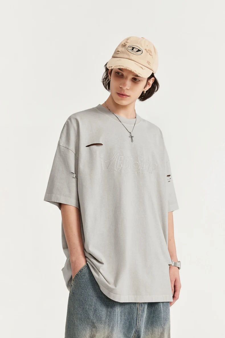 Ripped and Holes Embroidered Oversize T-shirt