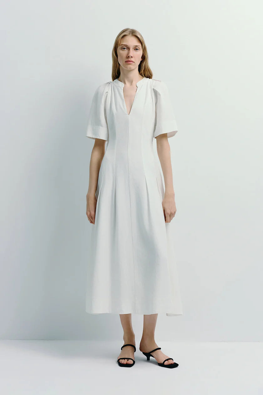 Pleated Sleeve White Maxi Dress