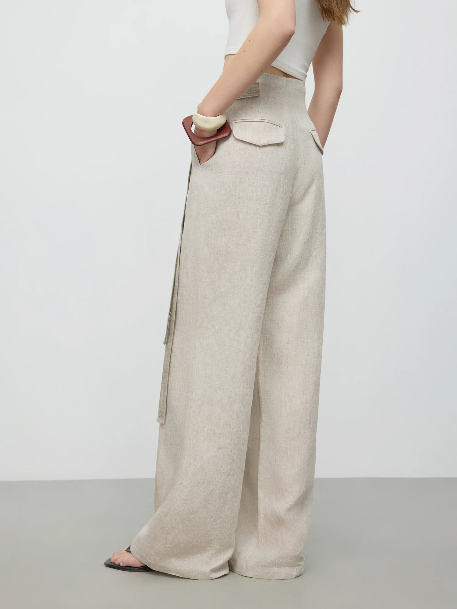 Sleeveless Linen Beige Top and Pants Set