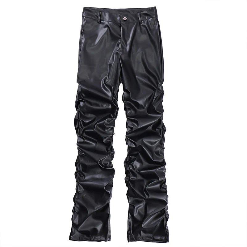 Pleated Pu Leather Loose Black Pants