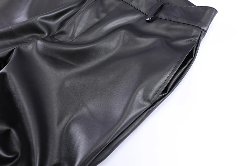 Pleated Pu Leather Loose Black Pants