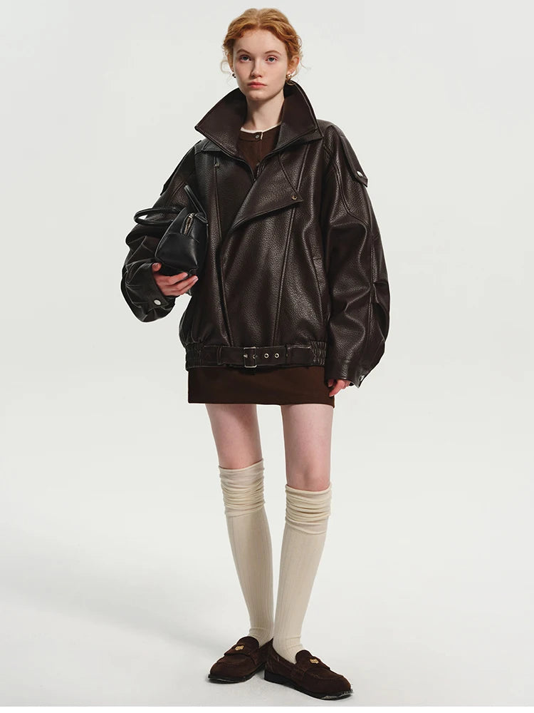 Oversized Dark Brown Leather Jacket