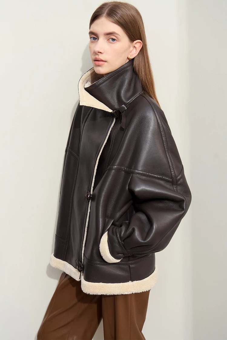 Dark Brown Leather Coat With Beige Fur