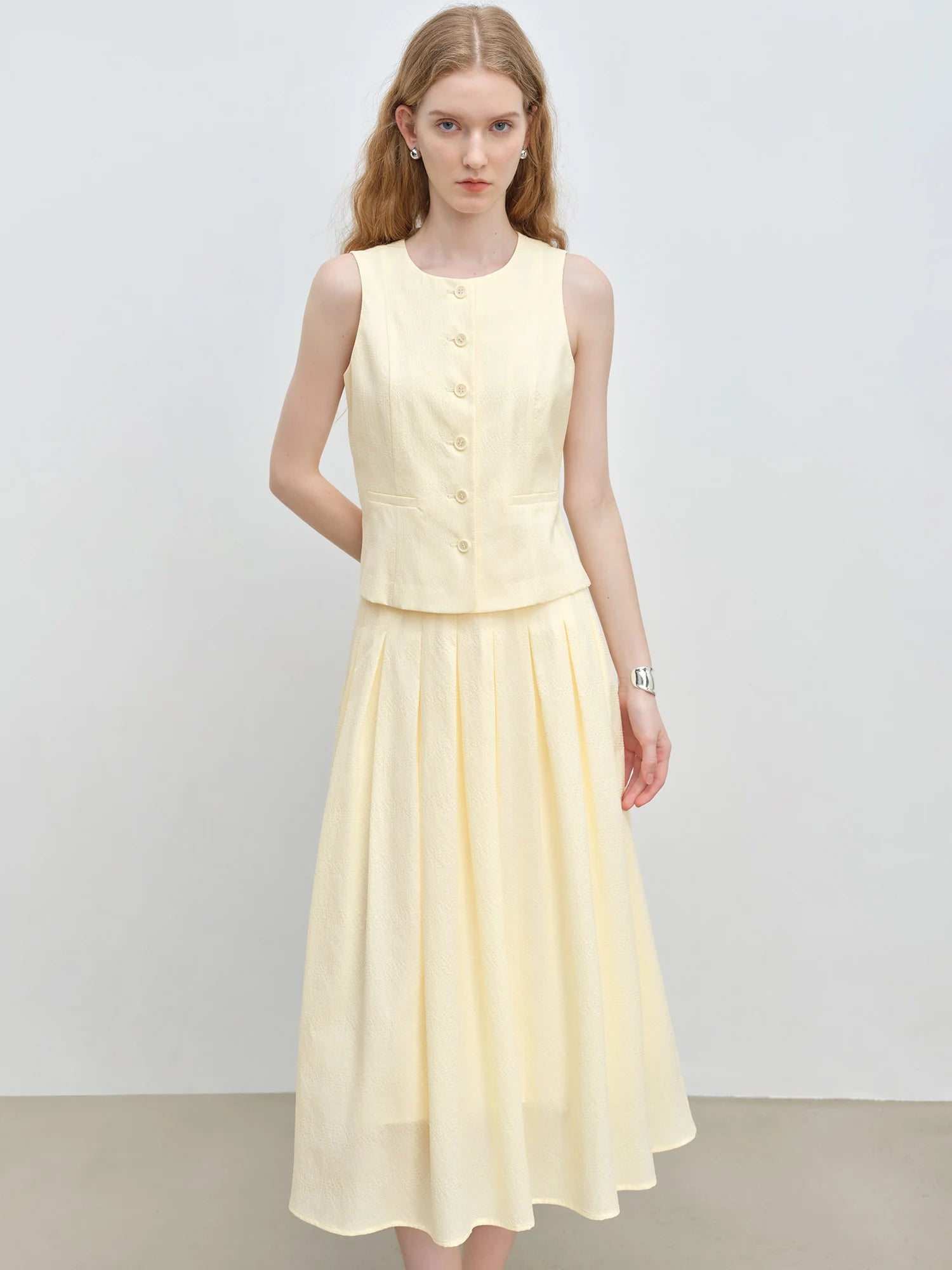 Old Money Style Yellow Vest and Pleated Skirt Set