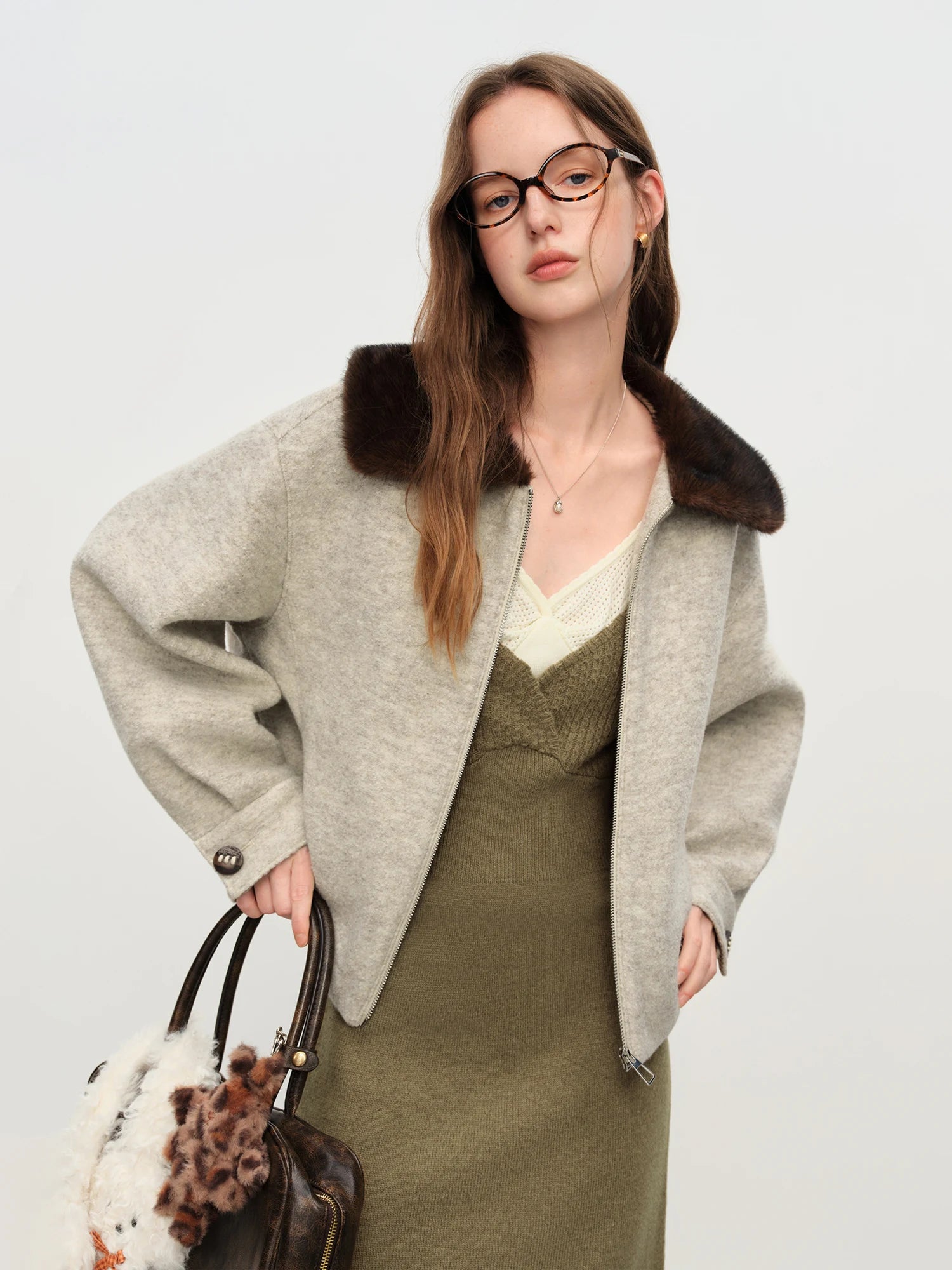 Wool-Blend Jacket With Fur Collar