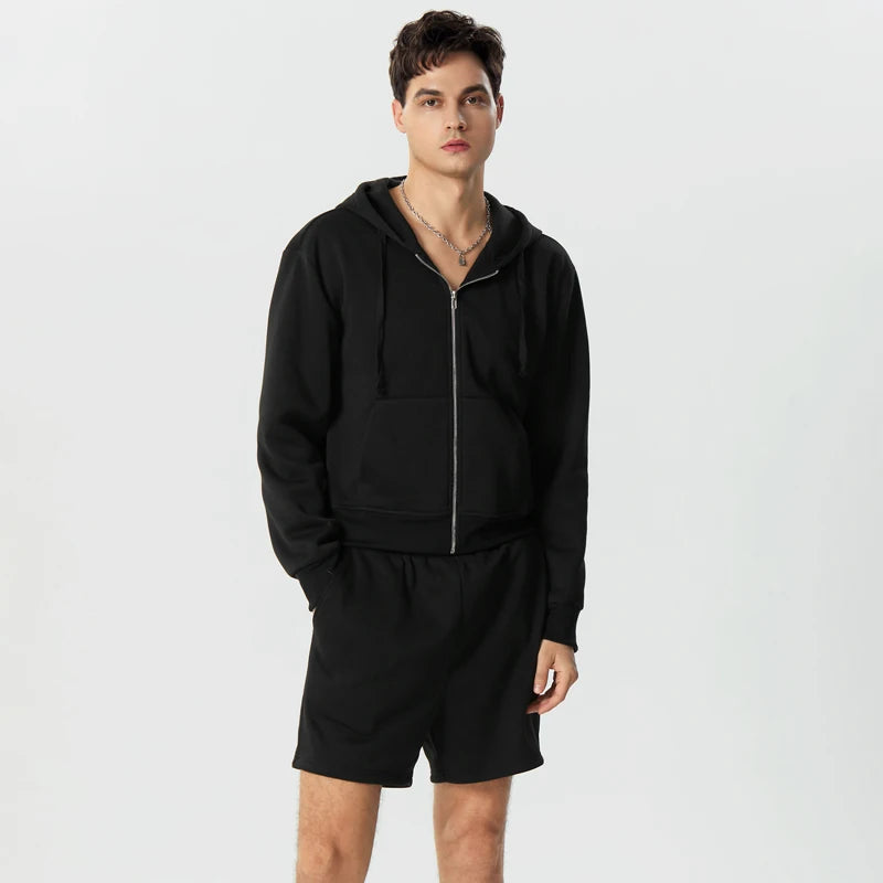 Loose Hooded Zipper Long Sleeve Sweatshirt with Shorts