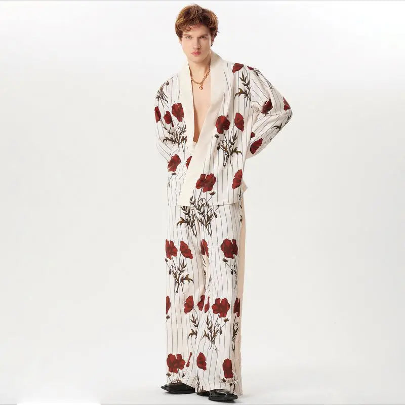 Flower Printing Loose Long Sleeve Shirt & Wide Leg Pants