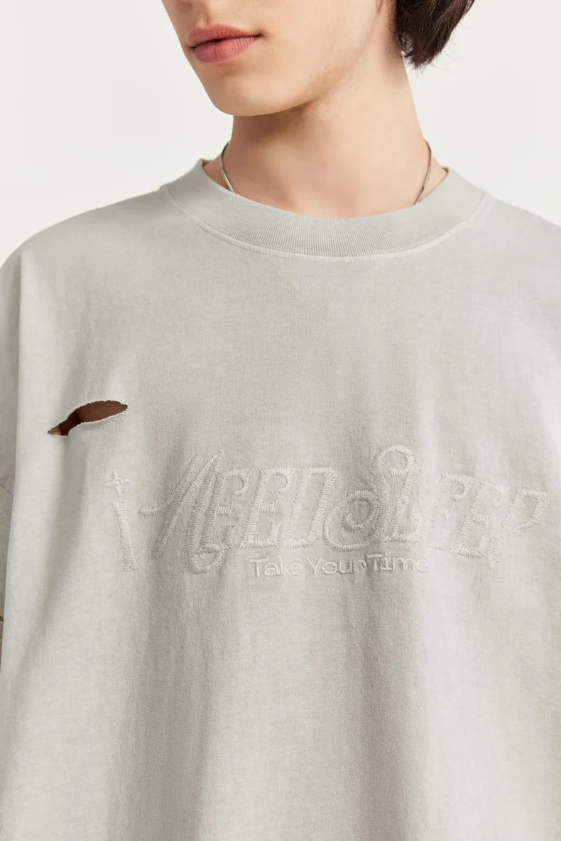 Ripped and Holes Embroidered Oversize T-shirt