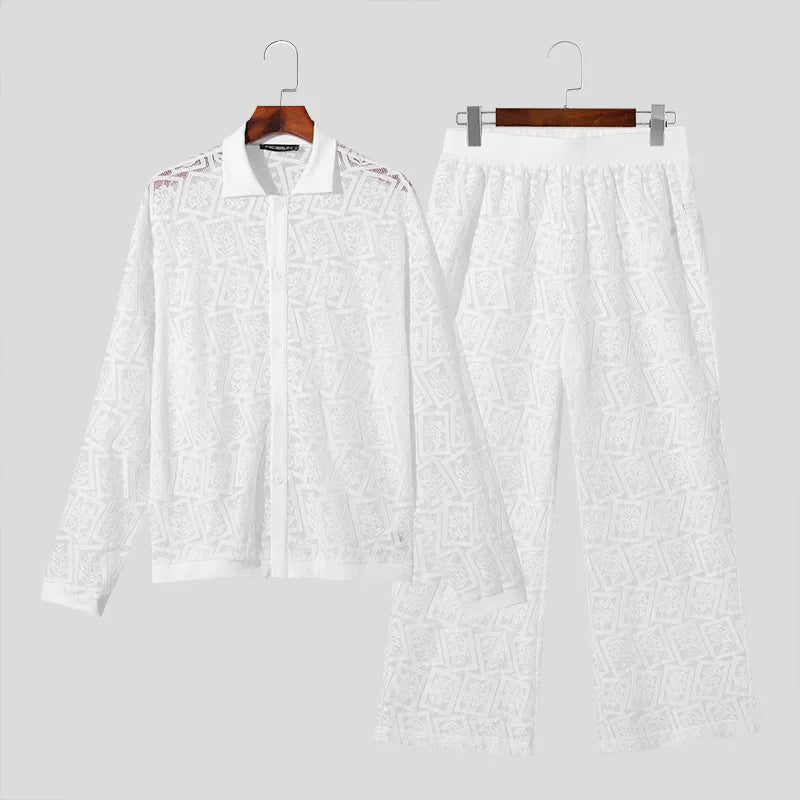 Lace Mesh Transparent Lapel Long Sleeve Shirt & Pants