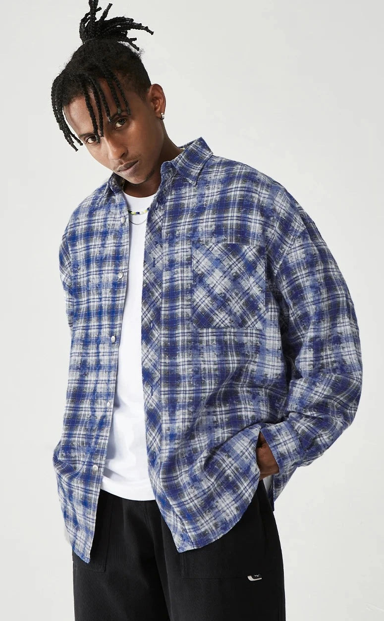 Blue Plaid Long Sleeve Oversized Shirt