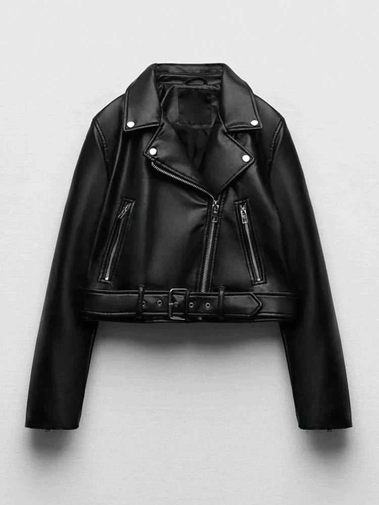 Light short black leather jacket for women