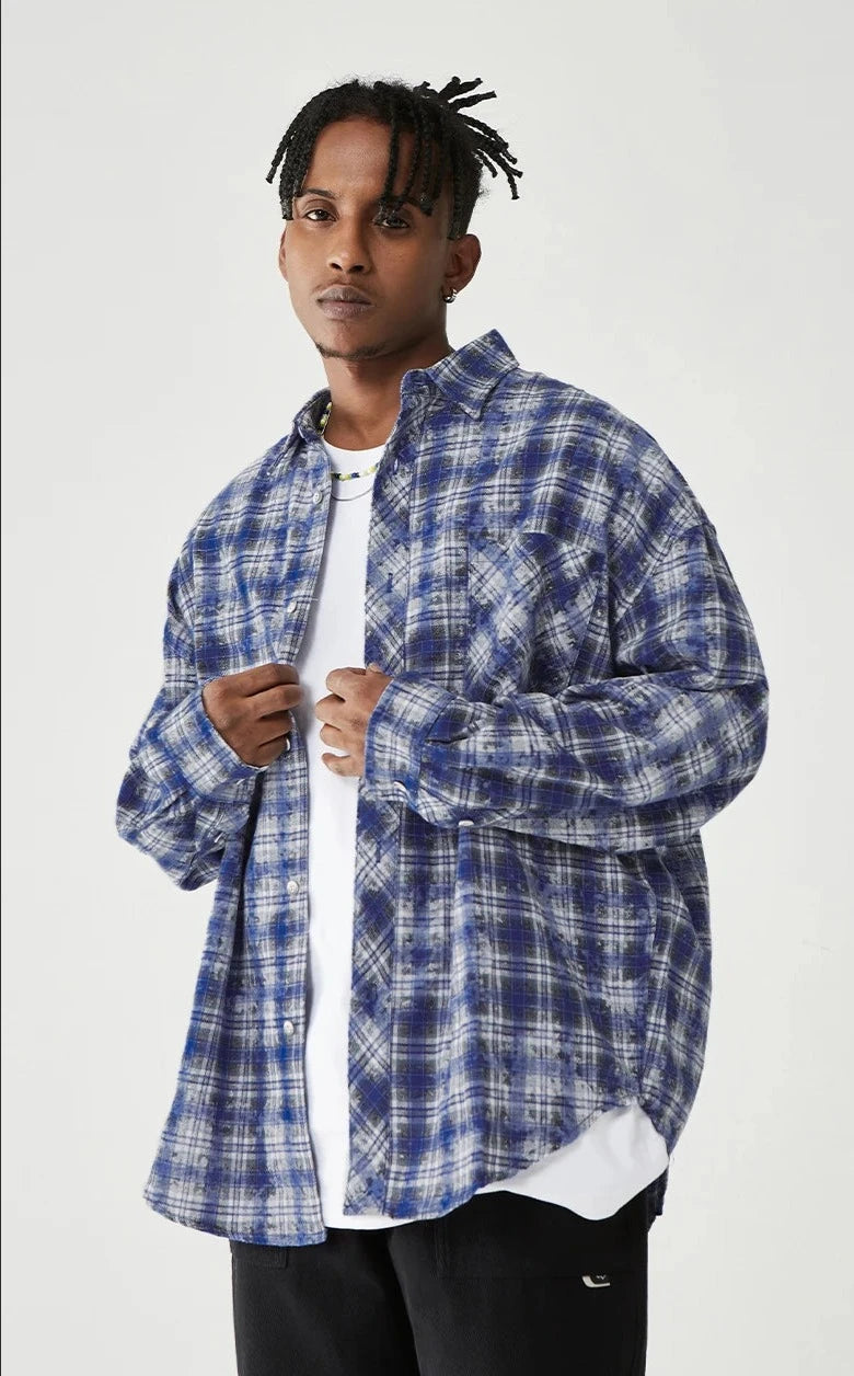 Blue Plaid Long Sleeve Oversized Shirt