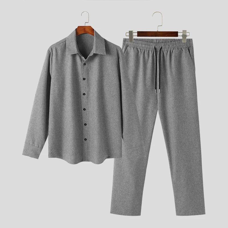 Lapel Long Sleeve Shirt & Drawstring Pants