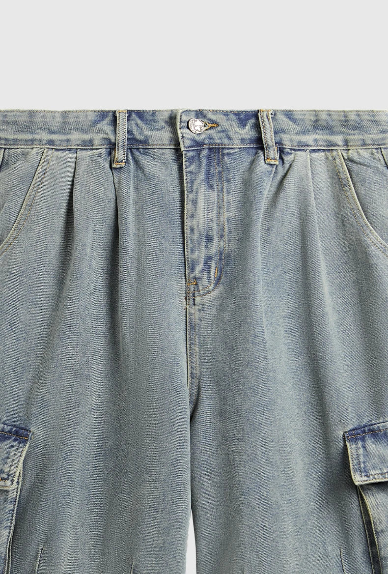 Washed Wide Leg Cargo Jeans Shorts