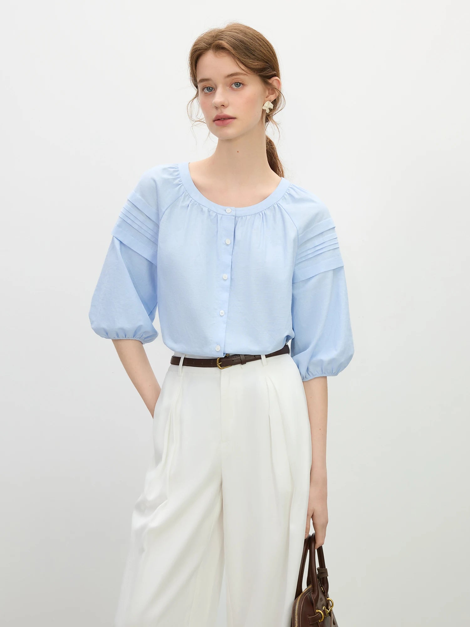 Linen-Blend Short Sleeve Blouse