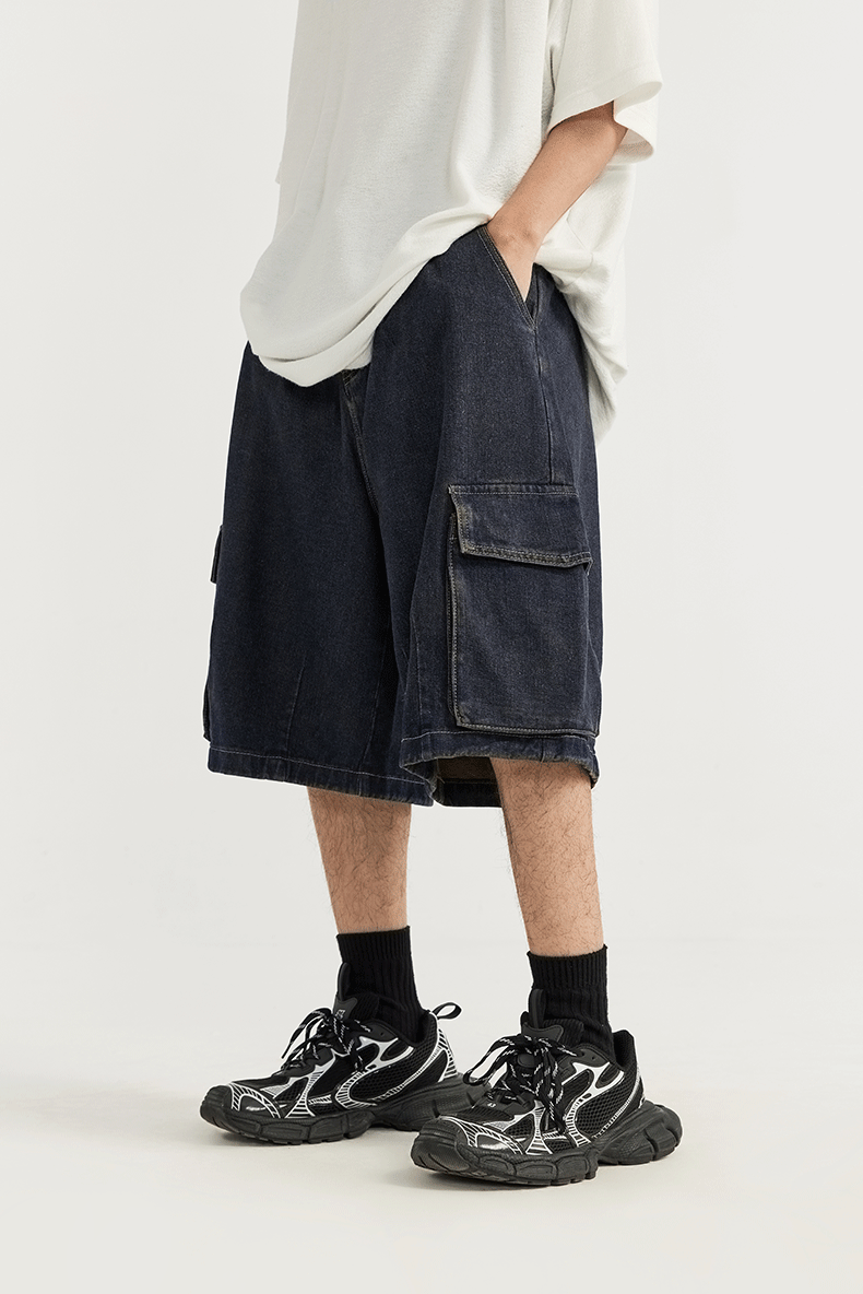 Washed Wide Leg Cargo Jeans Shorts