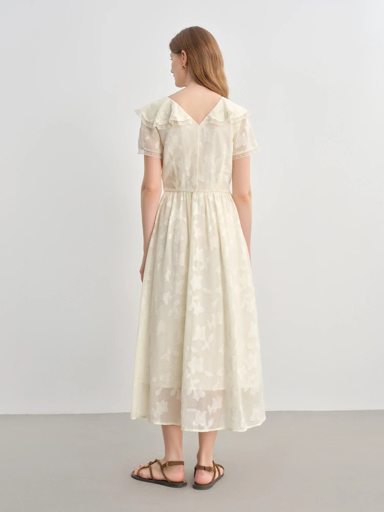 Elegant Ruffled Collar Jacquard V-Neck Yellow Midi Dress