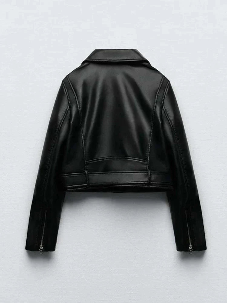 Light short black leather jacket for women