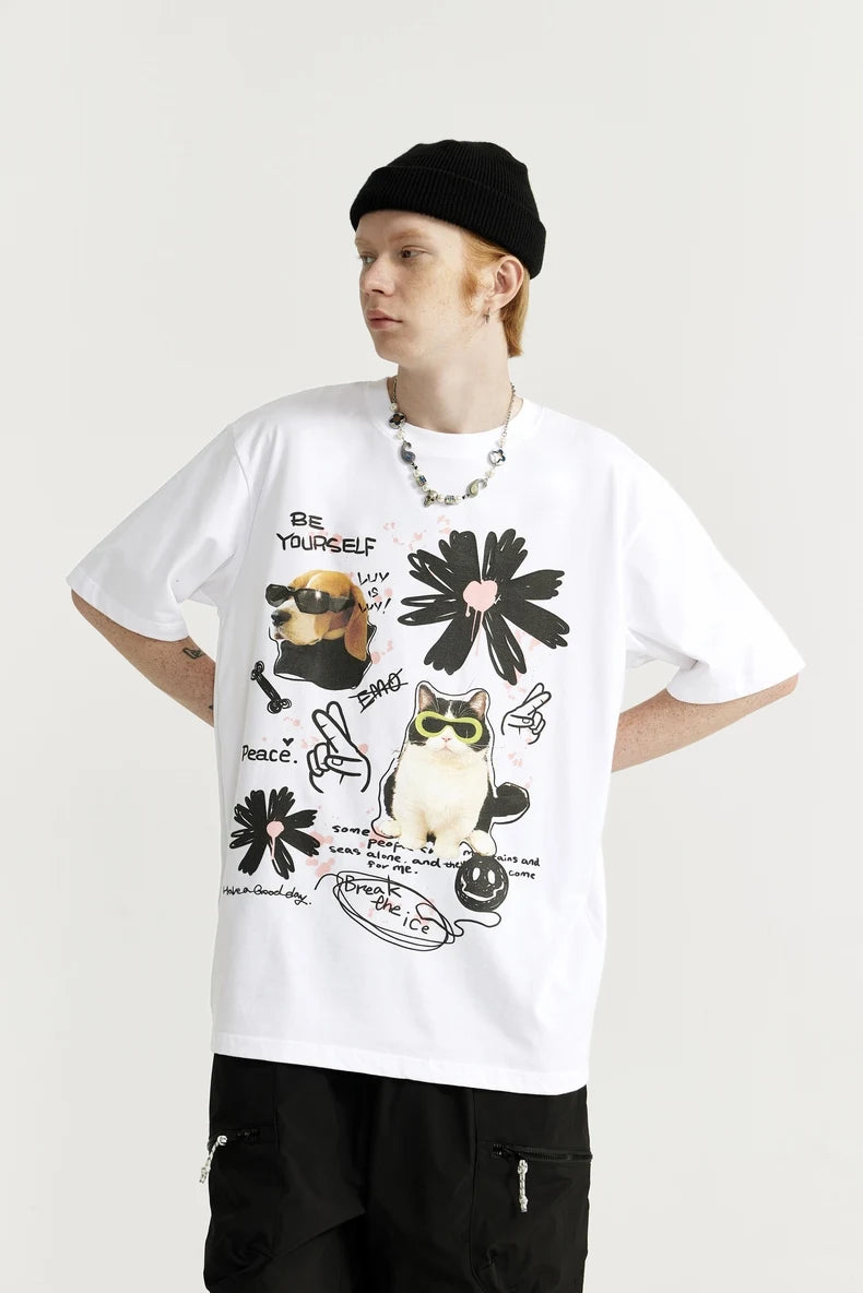 Graffiti Cat Dog Printed T-Shirt