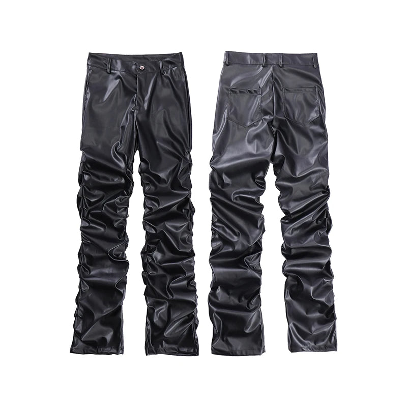 Pleated Pu Leather Loose Black Pants