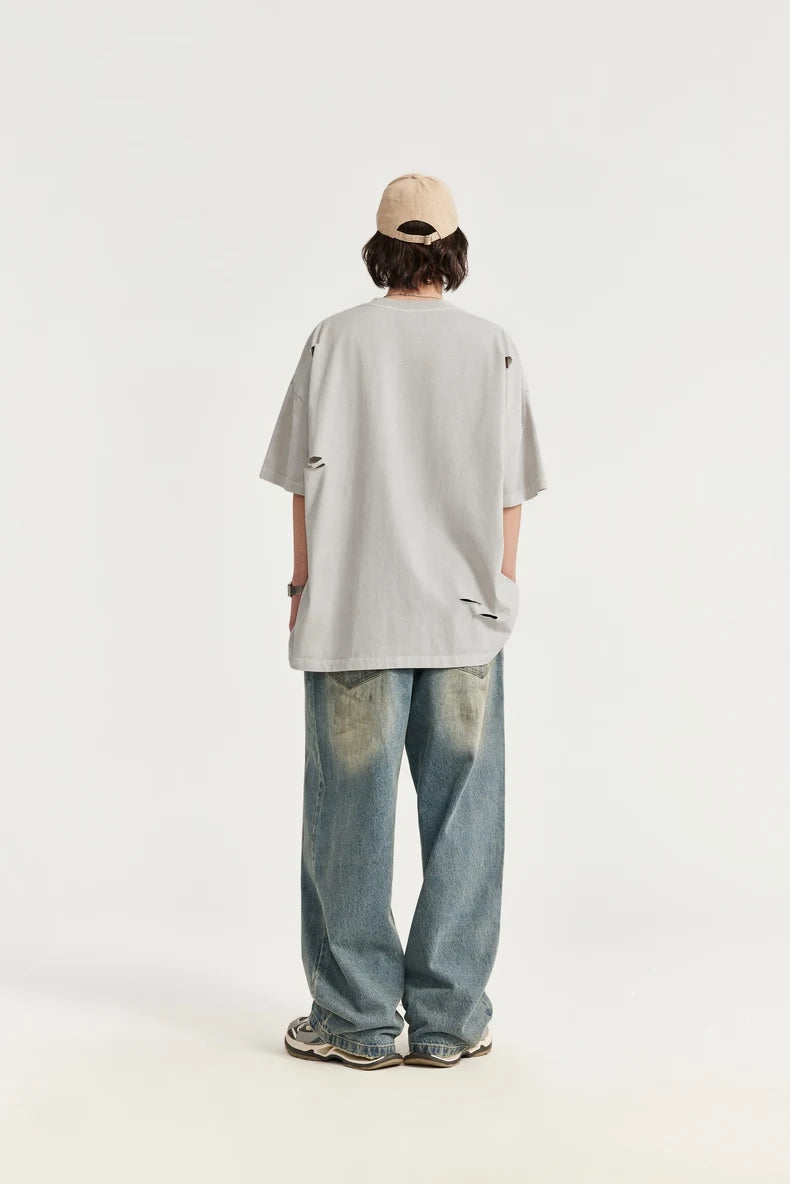 Ripped and Holes Embroidered Oversize T-shirt