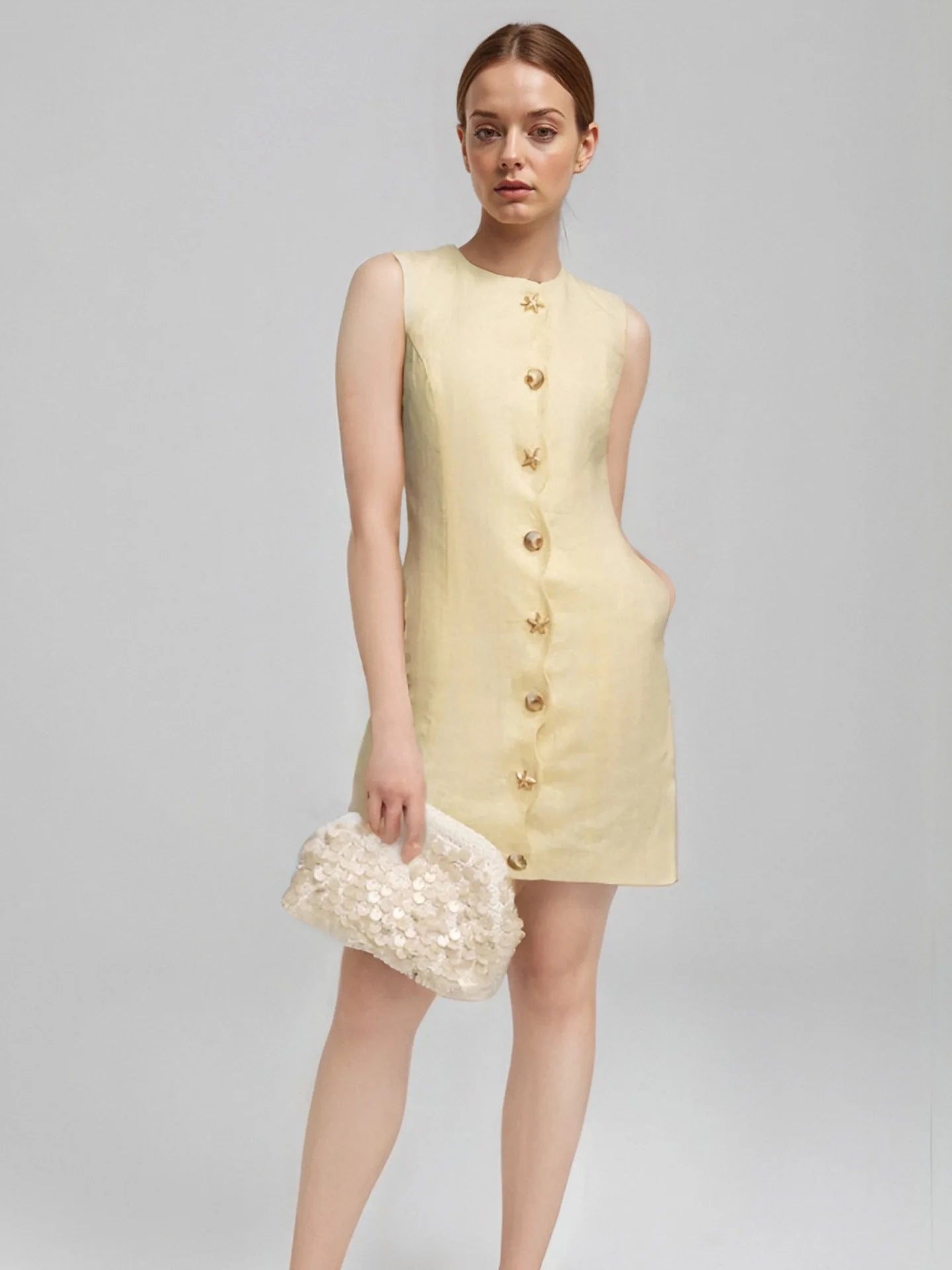 Buttoned Sleeveless Socialite Yellow Mini Dress