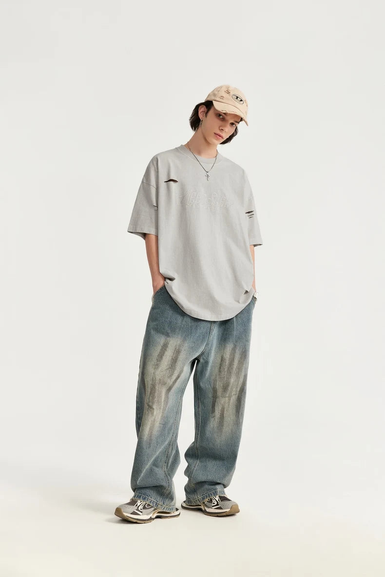 Ripped and Holes Embroidered Oversize T-shirt