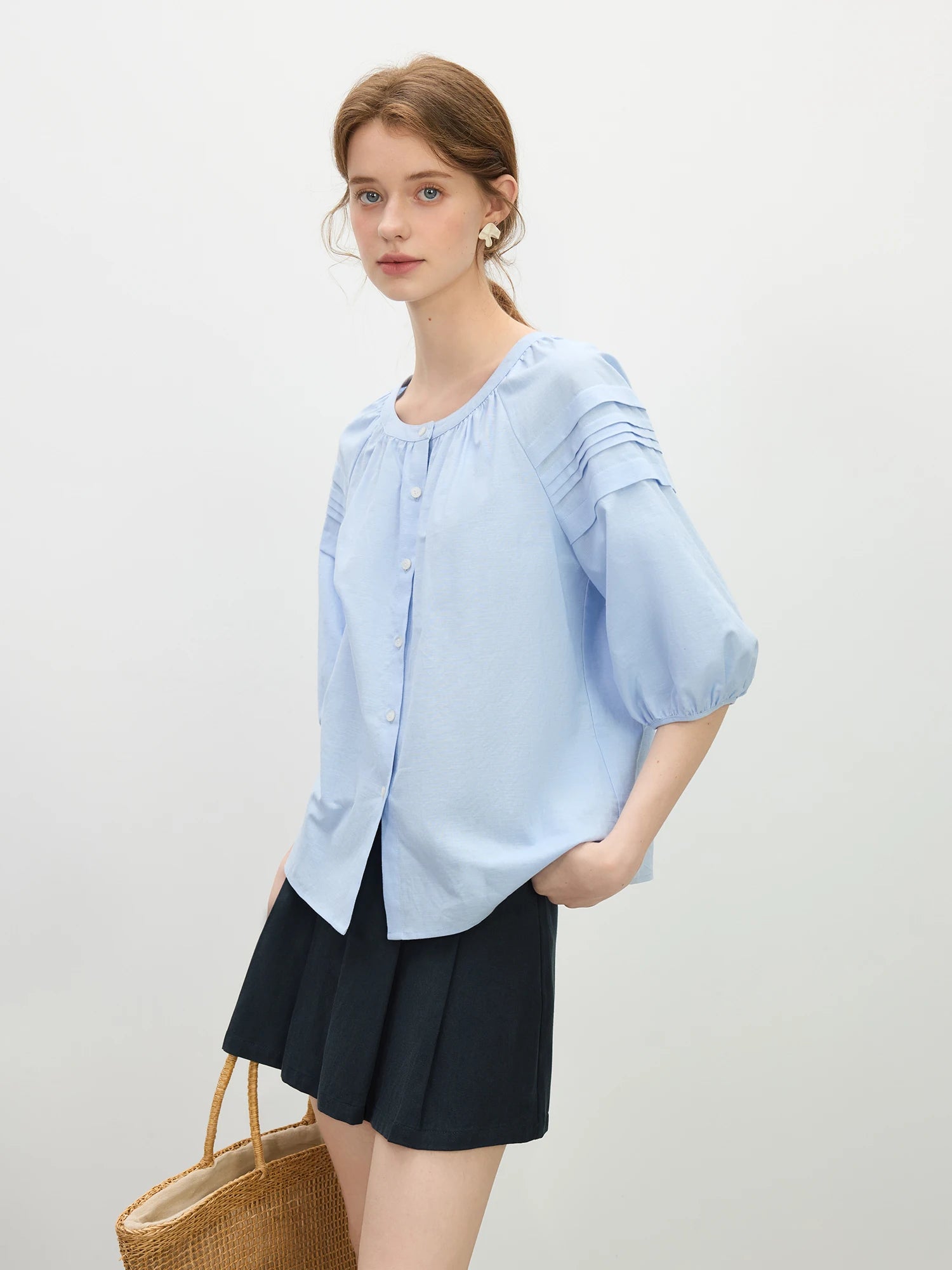 Linen-Blend Short Sleeve Blouse