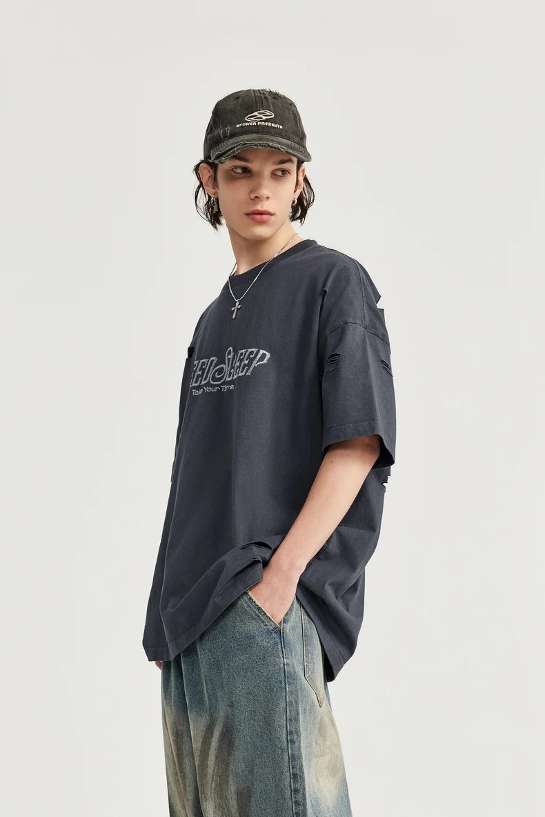 Ripped and Holes Embroidered Oversize T-shirt