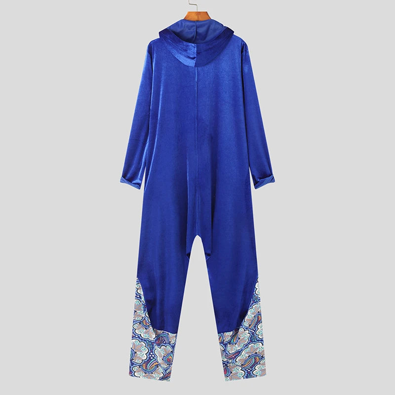 Velour Patchwork loose hooded jumpsuit