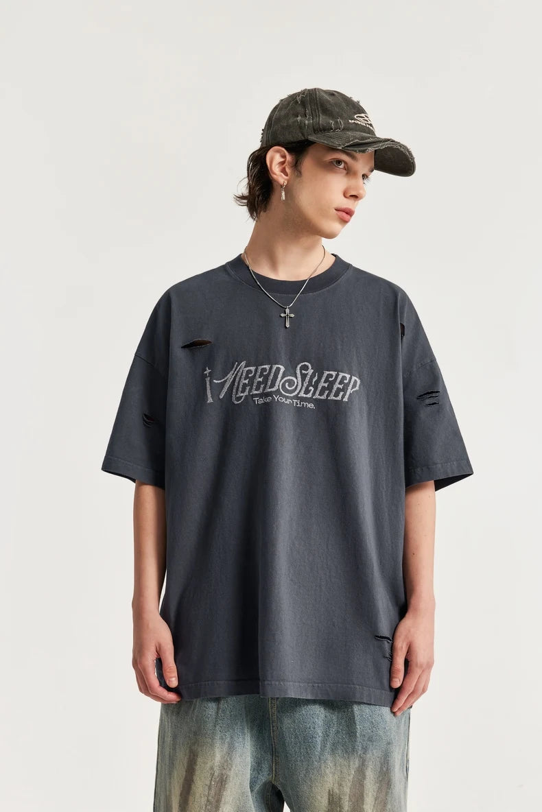 Ripped and Holes Embroidered Oversize T-shirt