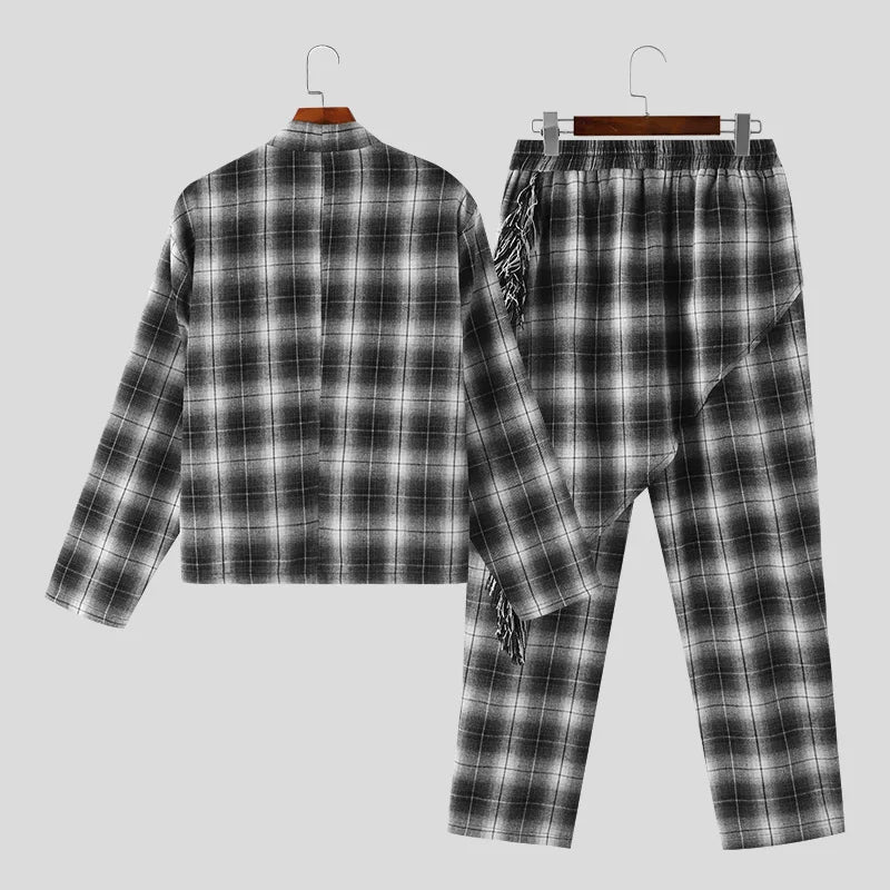 Plaid Long Sleeve Open Stitch Cardigan Shirt & Irregular Skirts Pants