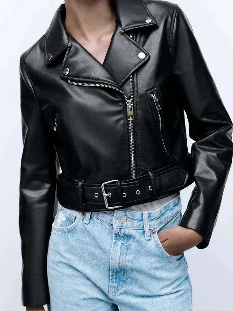 Light short black leather jacket for women