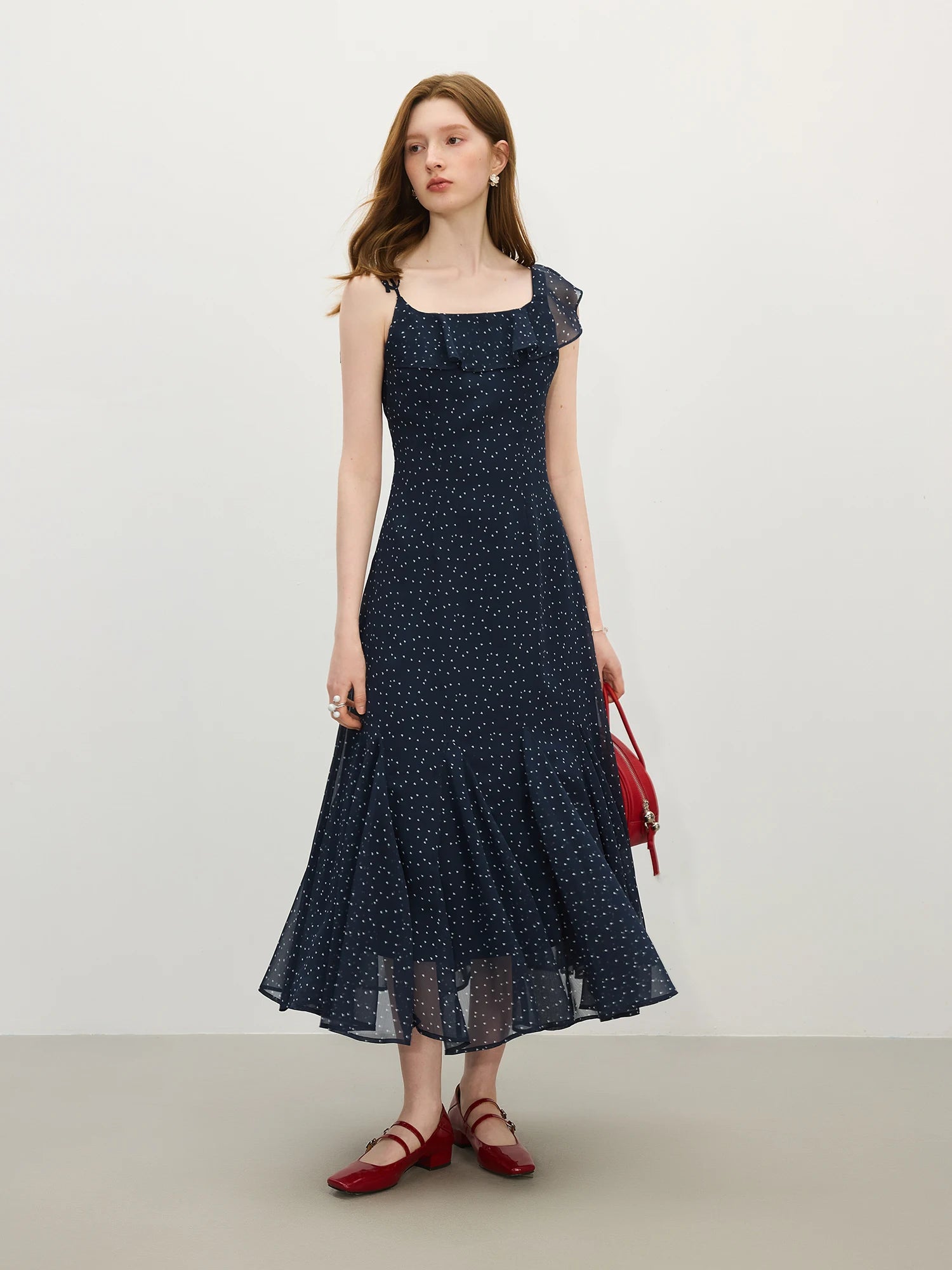 Navy Chiffon Ruffled Strapless Midi Dress