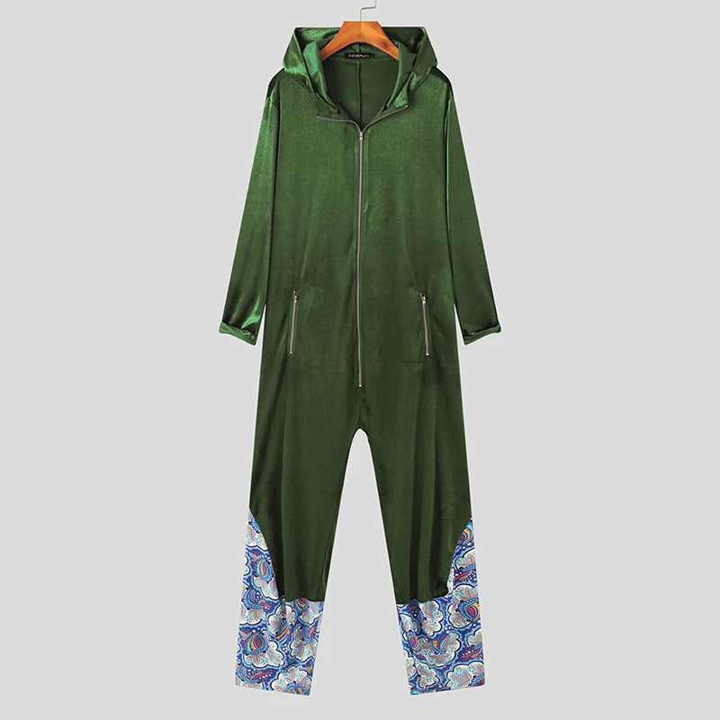 Velour Patchwork loose hooded jumpsuit