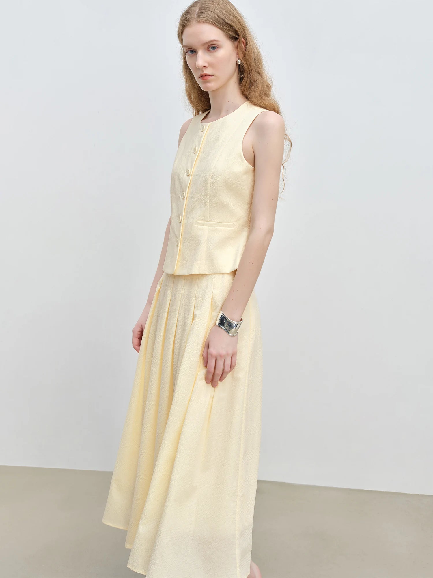 Old Money Style Yellow Vest and Pleated Skirt Set