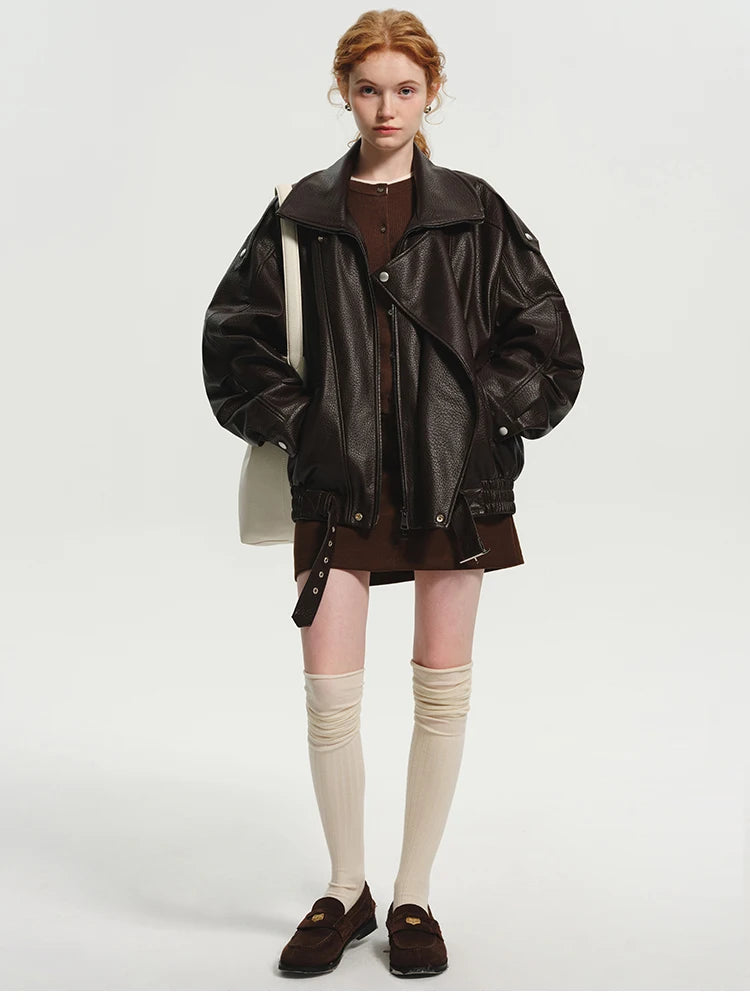 Oversized Dark Brown Leather Jacket