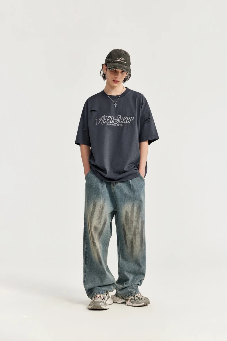 Ripped and Holes Embroidered Oversize T-shirt