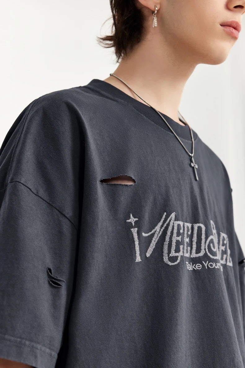 Ripped and Holes Embroidered Oversize T-shirt