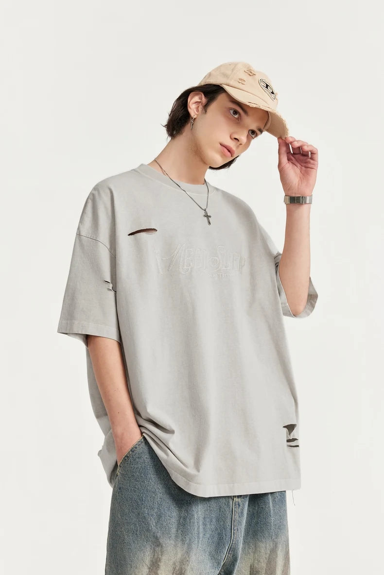 Ripped and Holes Embroidered Oversize T-shirt